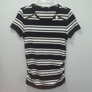 Michael Kors Gold Zip Navy/White Striped Women's Top Medium